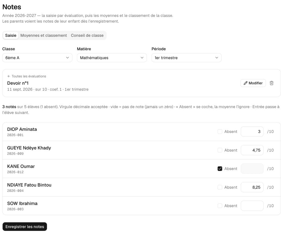 Grille de notes sur 10 avec cases Absent et bouton Enregistrer les notes.