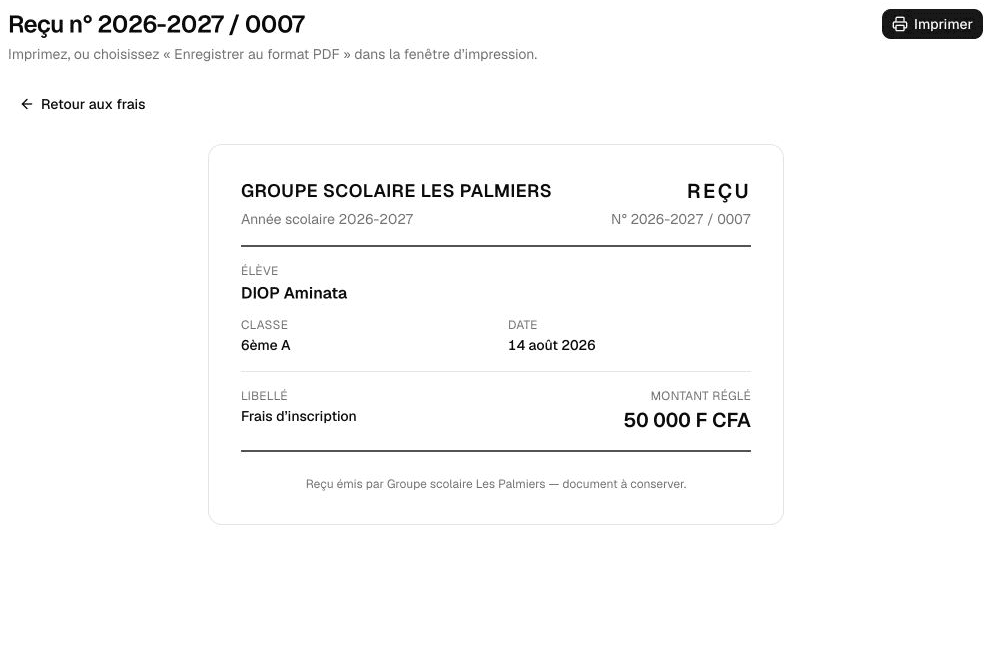 Reçu numéroté avec élève, classe, date, libellé et montant réglé.